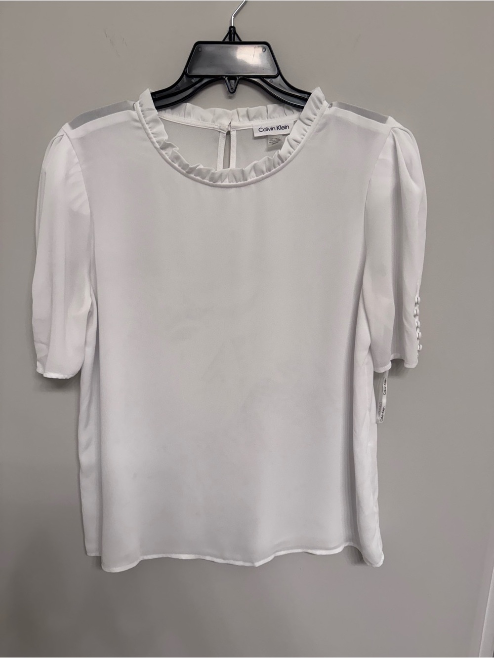 NWOT Calvin Klein White Ruffle Neck Short Sleeve Blouse